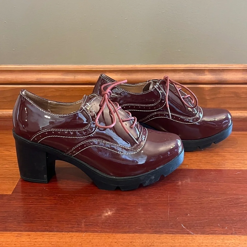 Dadawen Mary Jane Patent Burgundy Wine Leather Laced Heel Shoe, Size 38/40, 8